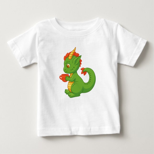 Camiseta Bebê Dragão Fofo Segurando Xícara (Frente)