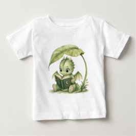 Camiseta Bebê Dragão Lendo Sob Folha Conto de Fantasia