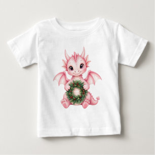 Camiseta Bebê Dragão Rosa Fofo com Coroa de Natal para Cria