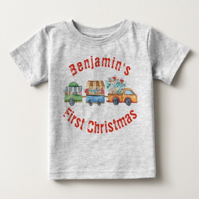 Camiseta Bebê é o primeiro Natal bonito, bebê de caminhão (Frente)