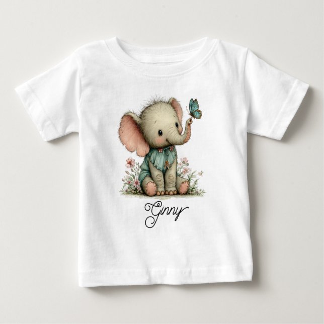 Camiseta Bebê Elefante Fofo com Borboleta Azul (Frente)