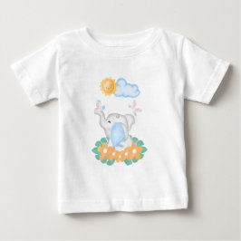 Camiseta Bebê elefante fofo com flores laranja