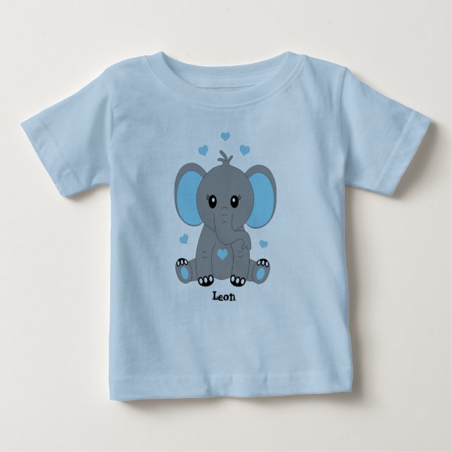 Camiseta Bebê elefante fofo de azul, desenho à mão,  (Frente)