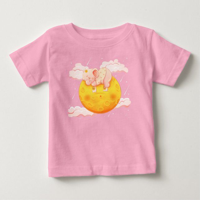 Camiseta Bebê Elefante Fofo Dormindo na Lua (Frente)