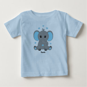 Camiseta Bebê elefante fofo em azul, desenho à mão, 