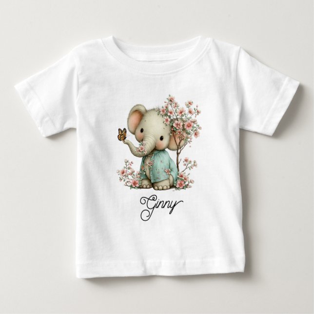 Camiseta Bebê Elefante Fofo em Flores de Cerejeira (Frente)