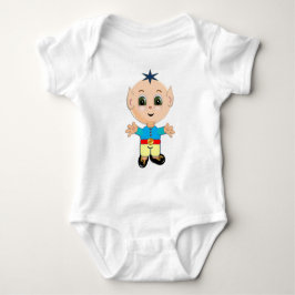 Camiseta Bebê elfo fofo e feliz em roupas azuis e amarelas