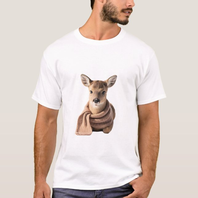 Camiseta Bebê Fawn Adorável Vestindo um Cachecol de Tricô (Frente)