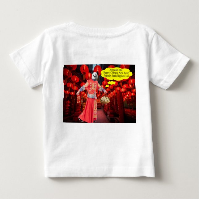 Camiseta bebê. Feliz Ano Novo Chinês. Panda/Homem (Verso)