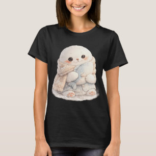 Camiseta Bebê foca fofa vestindo um cachecol e abraçando um