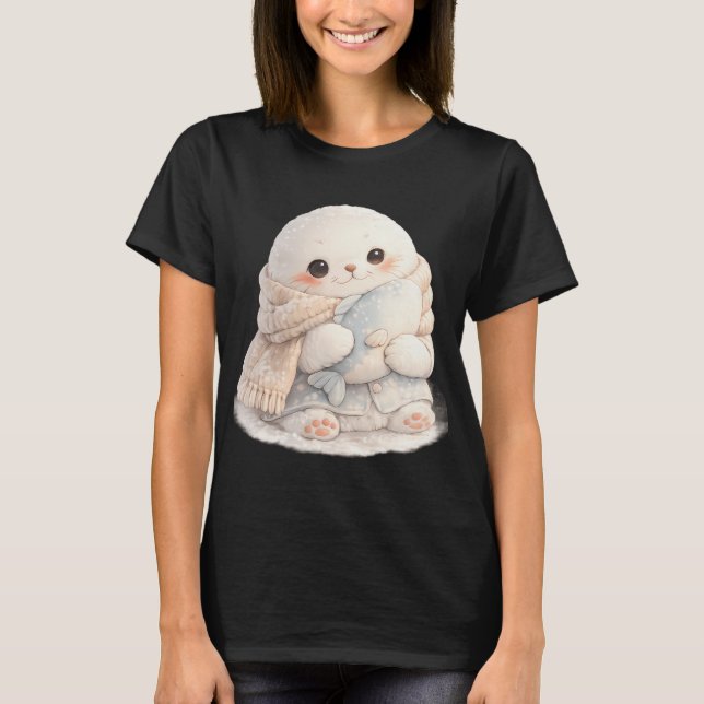 Camiseta Bebê foca fofa vestindo um cachecol e abraçando um (Frente)