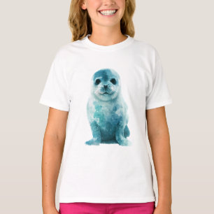 Camiseta Bebê Foca Harpa Aquarela Azul para Crianças