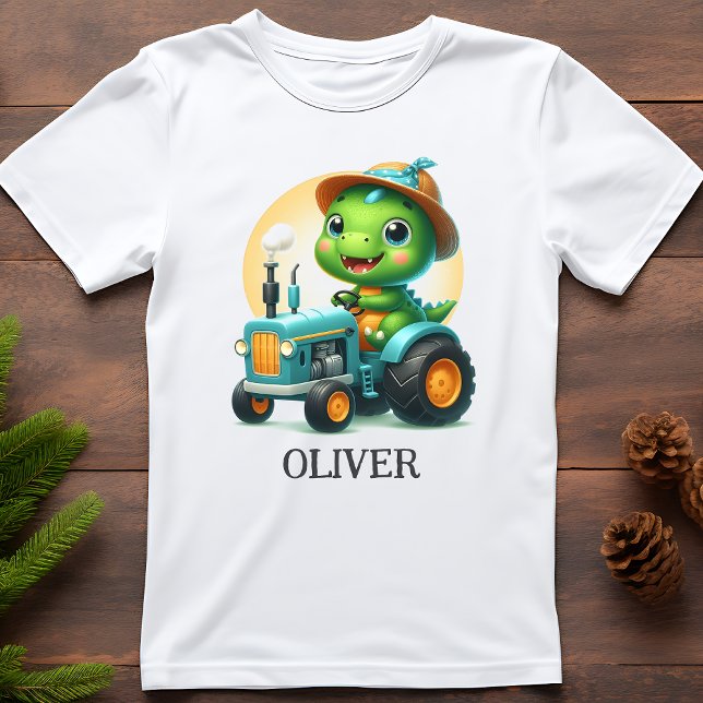 Camiseta Bebê Fofo Trex Dinossauro Dirigindo um Trator Azul (Criador carregado)