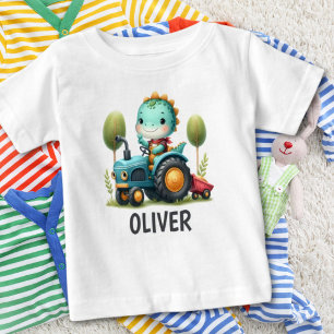 Camiseta Bebê Fofo Trex Dinossauro em um Trator Azul