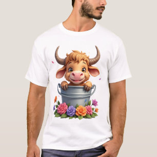 Camiseta Bebê Fofo Vaca das Terras Altas Com flores Bezerro