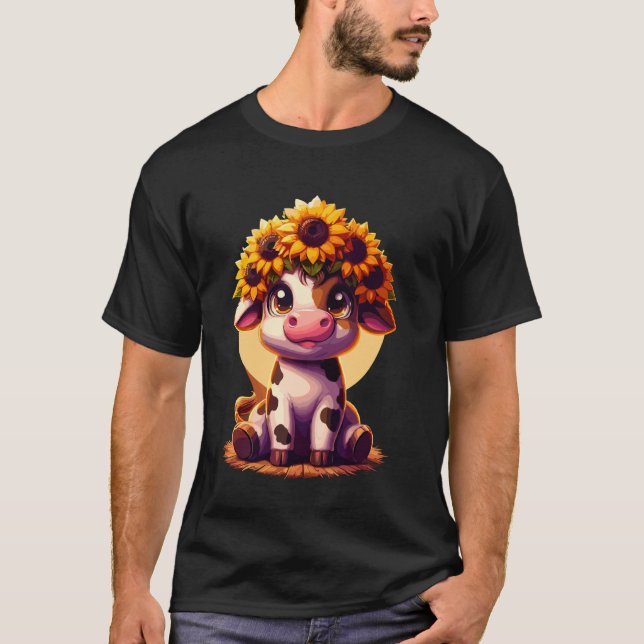 Camiseta Bebê Fofo Vaca Highland Com Bezerro De Girassol An (Frente)