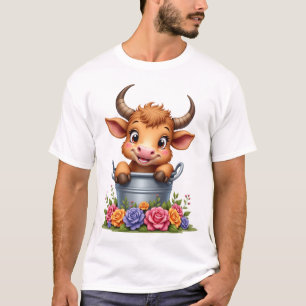 Camiseta Bebê Fofo Vaca Highland Com flores Bezerro Animal 