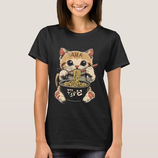 Camiseta Bebê Gato Fofo Comendo Macarrão Ramen (Frente)