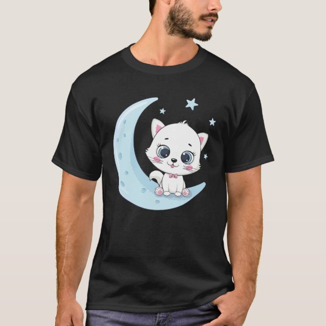Camiseta Bebê gato fofo sentado na lua (Frente)