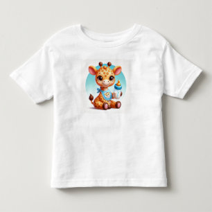 Camiseta Bebê Girafa Fofa Segurando uma Mamadeira