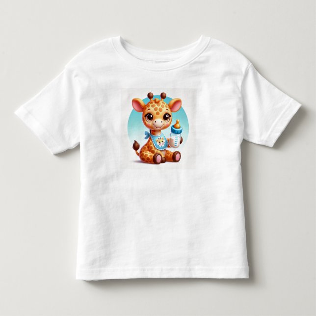 Camiseta Bebê Girafa Fofa Segurando uma Mamadeira (Frente)