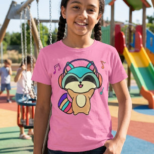 Camiseta Bebê guaxinim feliz sorrindo com fones de ouvido. 