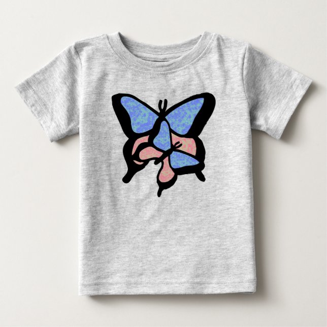 Camiseta Bebê/Infantil Borboletas Azuis e Rosas (Frente)