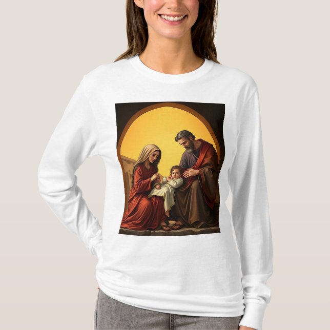 Camiseta Bebê Jesus Maria e José, tenra-manga longa das mul (Frente)