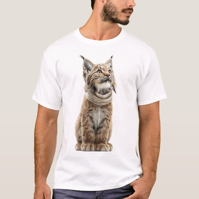 Camiseta Bebê Lince Adorável usando Cachecol de Tricô (Frente)