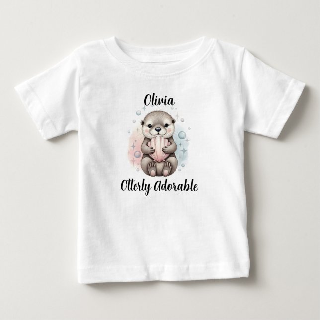 Camiseta Bebê Lontra com Concha "Totalmente Adorável" (Frente)