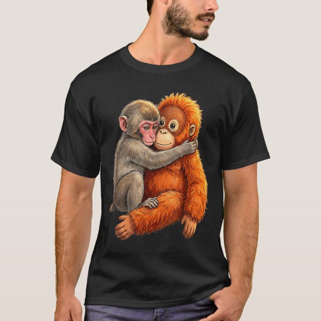 Camiseta Bebê macaco abraçando macaco fofo de pelúcia (Frente)