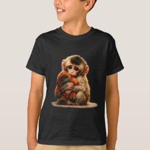 Camiseta Bebê macaco abraçando pelúcia fofa macaco japonês