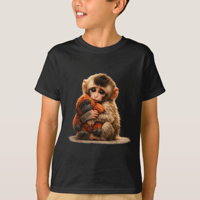 Camiseta Bebê macaco abraçando pelúcia fofa macaco japonês (Frente)