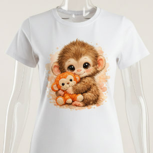 Camiseta Bebê Macaco Adorável Abraçando Brinquedo Fofo 