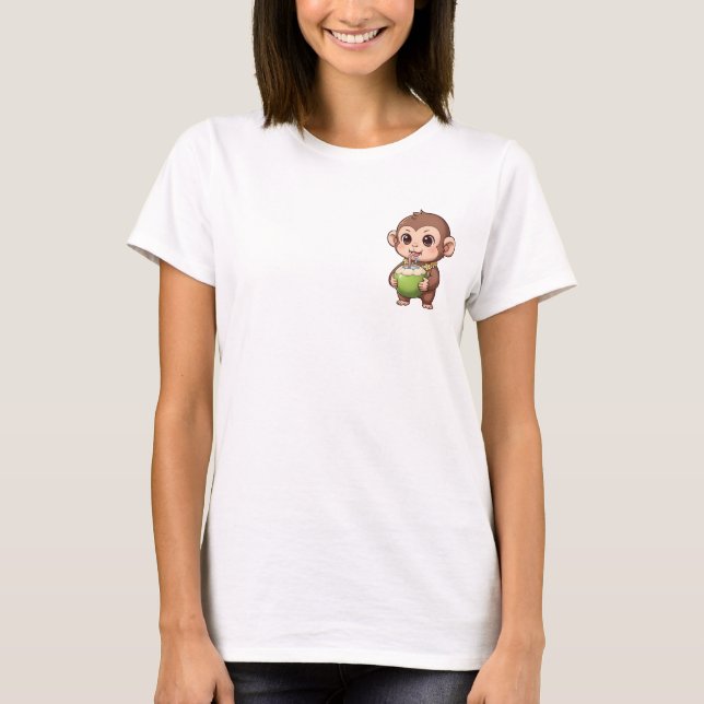 Camiseta Bebê Macaco Fofo Bebendo Água Fresca de Coco (Frente)