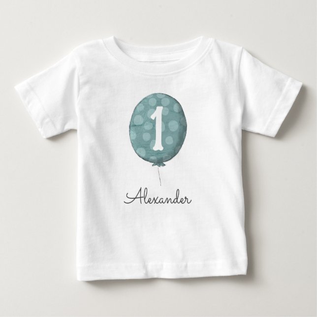 Camiseta Bebê Menino Bolo Balão Azul 1º Aniversário  (Frente)