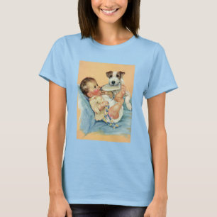 Camiseta Bebê Menino Fofo Antigo com Mamadeira e Cachorro