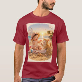 Camiseta Bebê na Praia e Alegria de Castelo de Areia do Gat