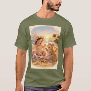 Camiseta Bebê na Praia e Alegria de Castelo de Areia do Gat