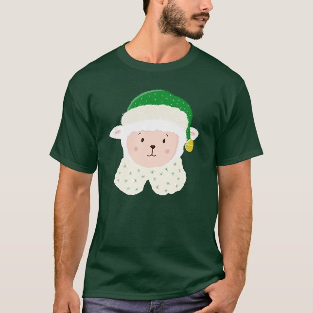 Camiseta Bebê Ovelha de Natal Usando Chapéu de Elfo (Frente)