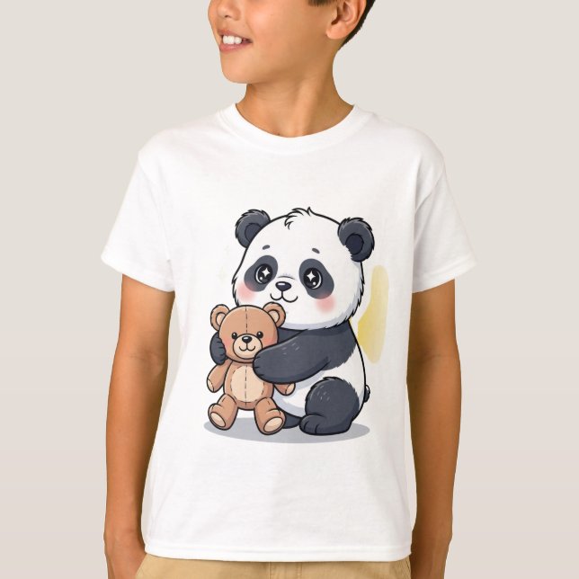 Camiseta Bebê Panda Adorável Abraçando Urso de Pelúcia (Frente)