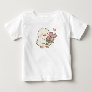 Camiseta Bebê Pato Fofo Segurando Buquê de Tulipas Estética