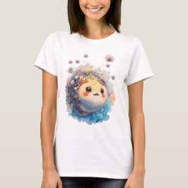 Camiseta Bebê Peixe-Puffer Fofo Jardim Floral Aquarela