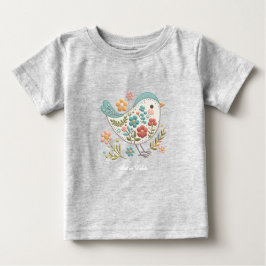 Camiseta Bebê Pequeno Pássaro Azul Flores Rosa