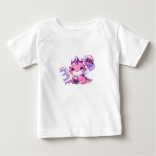 Camiseta Bebê Pink Dinosaur Three Rex 3º Aniversár