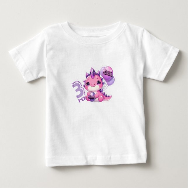 Camiseta Bebê Pink Dinosaur Three Rex 3º Aniversár (Frente)