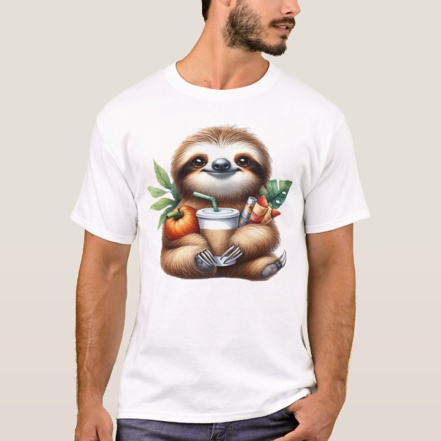 Camiseta Bebê Preguiça Fofo com Café de Abóbora e Panquecas (Frente)