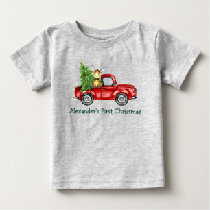 Camiseta Bebê Primeiro Natal Árvore de Caminhão Vermelho