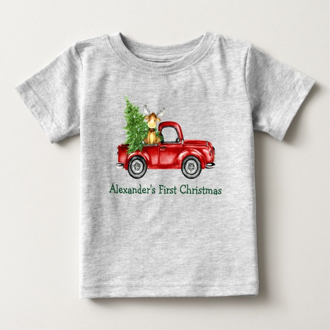 Camiseta Bebê Primeiro Natal Árvore de Caminhão Vermelho Ci (Frente)