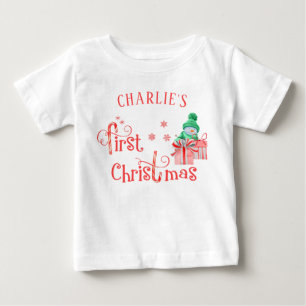 Camiseta Bebê Primeiro Natal - Bonito Snowman e Snowflakes
